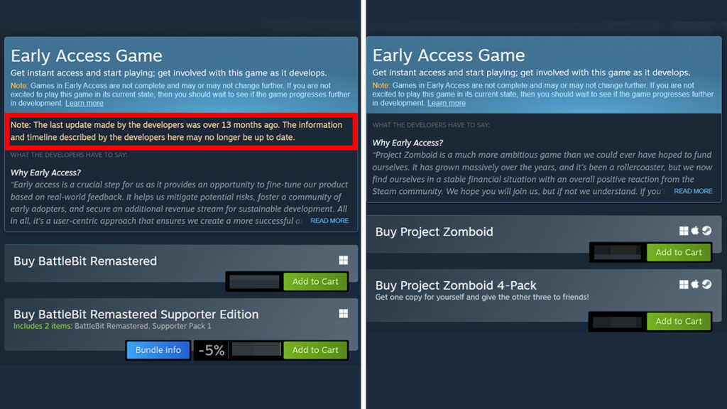 Battlebit Remastered vs Project Zomboid Early Access store page