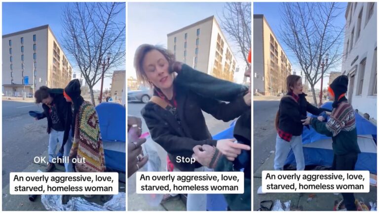 Portland Influencer Attempts to Help Homeless Woman Who Appears Unresponsive, But Is Manhandled in Awkward Clip: ‘This Sent Shivers Down My Spine’ Portland influencer Gets Manhandled by homelesss woman