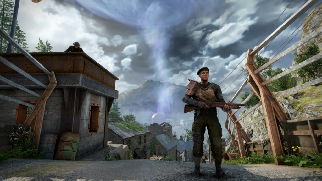 A menacing tornado looms behind a soldier in an otherwise quiet English town in Atomfall