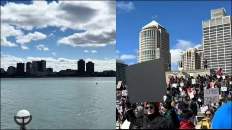 Detroit protestors singing 'O, Canada" in objection to Trump