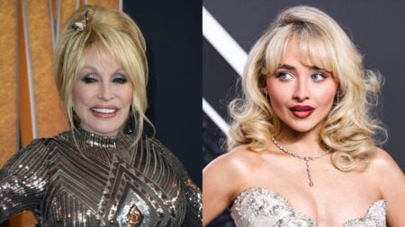 A photo collage of Dolly Parton and Sabrina Carpenter