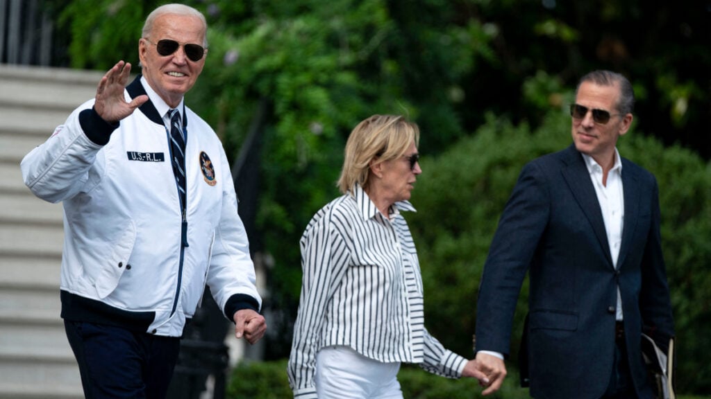 Hunter Biden pictured with Joe Biden, and Valerie Biden Owens before boarding Marine One en route to Camp David at the White House in Washington, July 26, 2024.