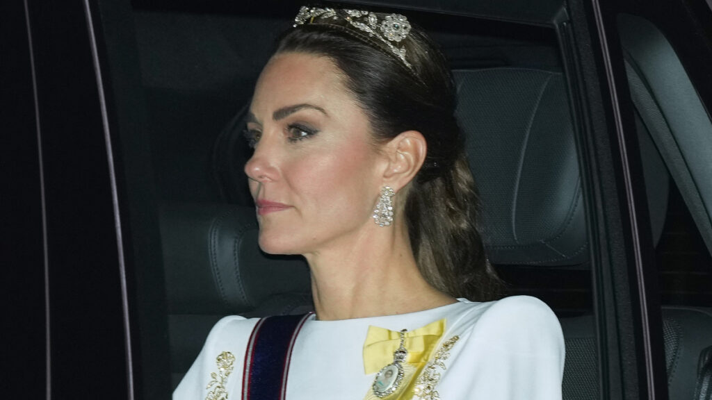 Kate Middleton arrives at the State Banquet for the President of South Korea at Buckingham Palace, London, UK.