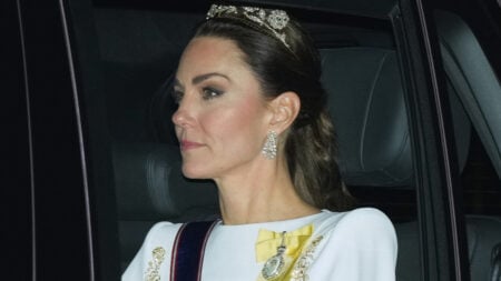 Kate Middleton arrives at the State Banquet for the President of South Korea at Buckingham Palace, London, UK.