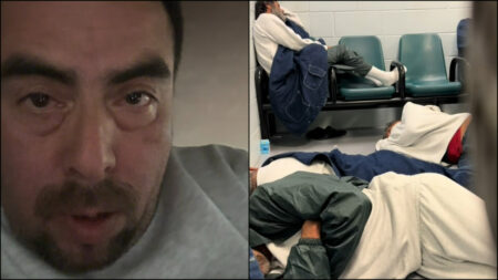 A split shot showing a close-up of a man as well as several other people detained in the Krome ICE facility in Miami