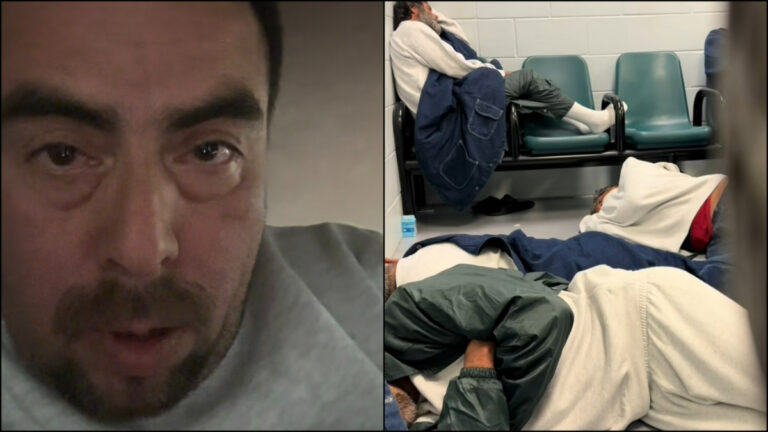 A split shot showing a close-up of a man as well as several other people detained in the Krome ICE facility in Miami