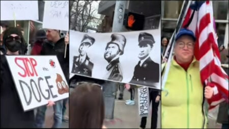 A collage of images from a Manhattan protest, including a sign that casts Trump and allies as Nazis