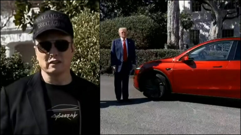 Trump Uses White House For D.C. Tesla Show, Drawing Nazi Comparisons: ‘Straight Up Plagiarizing’ Elon Musk and Donald Trump stand by a red Tesla at the White House
