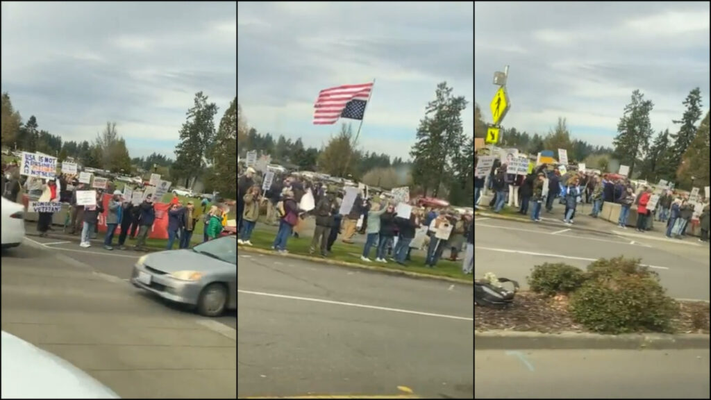 Olympia Veterans Condemn Trump at Washington Protest: ‘I’m Feeling That Upside Down Flag’ A collage of pictures from the Olympia veteran protest against Trump