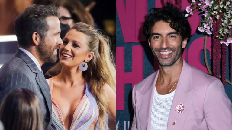 A photo collage of Ryan Reynolds with Blake Live and Justin Baldoni