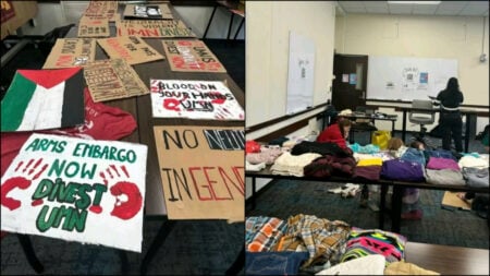 Pro-Palestine signs at a YDSA protest art build and clothing at a campus clothing drive hosted by the Young Democratic Socialists of America