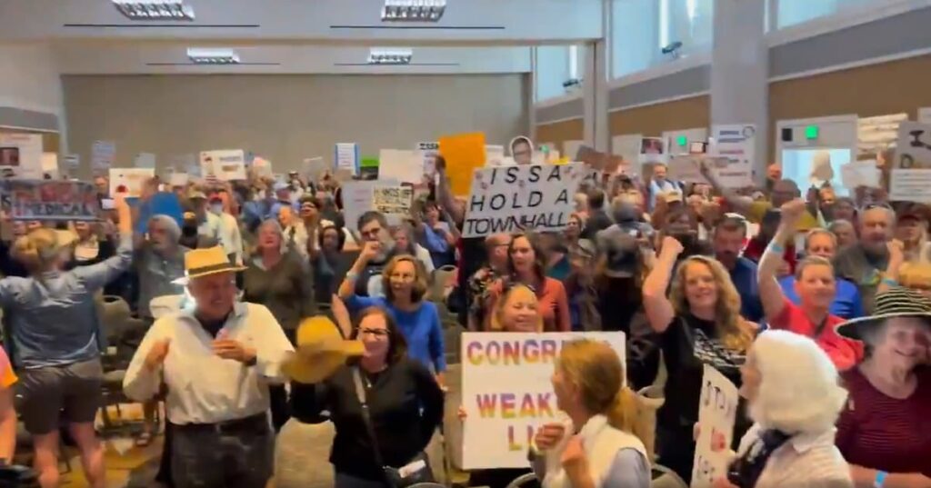 California Protesters Chant “Tax the Rich!” at Empty Chair Town Hall for Darrell Issa: ‘“Do This in Front of His House’ Empty Town Hall in California