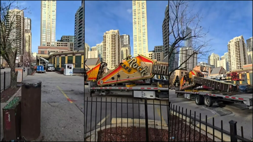 Chicago Local Says Sad Goodbye to Iconic Hardrock Cafe Sign: ‘Damn Another Great Down Town Memory Gone ๐ญ’ The Hard Rock Cafe guitar sign being removed and put on a truck in Chicago