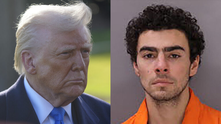 A photo collage of Donald Trump and Luigi Mangione