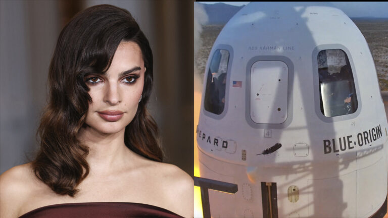 A photo collage of Emily Ratajkowski and The Blue Origin Space Pod