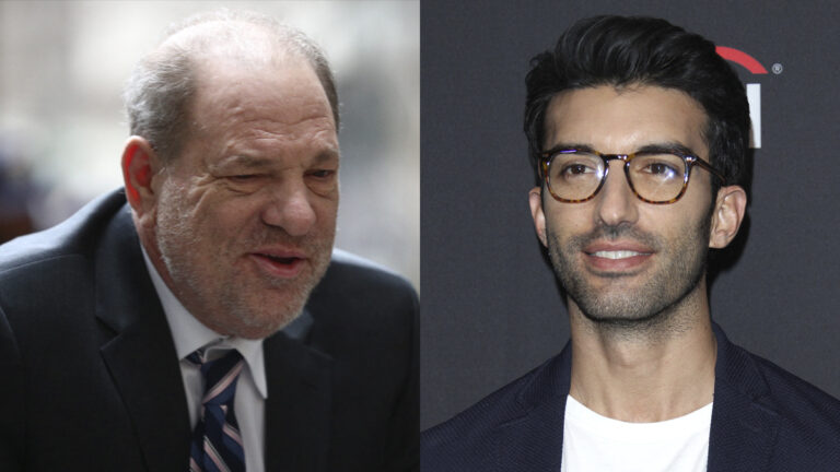 A photo collage of Harvey Weinstein and Justin Baldoni