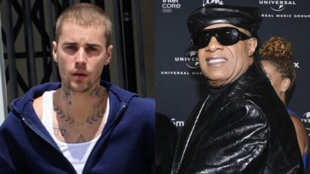 A photo collage of Justin Bieber and Stevie Wonder