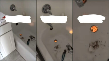 A New York woman makes eye contact with her downstairs neighbor through the hollow shower drain
