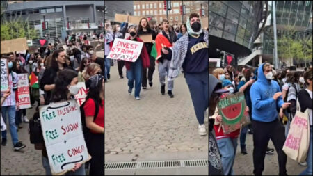 Protestors gather at the University of Cincinnati in Ohio to demand disclosure and divestment