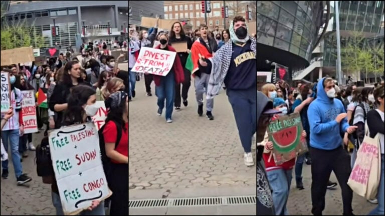 Protestors gather at the University of Cincinnati in Ohio to demand disclosure and divestment