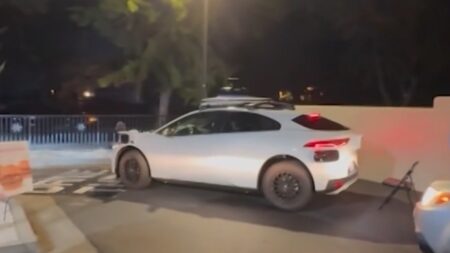 a waymo self-driving taxi stuck at the drive-thru at chick-fil-a