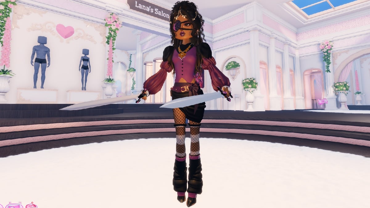 dti sunken treasure theme outfit idea, a fancy pirate with two swords