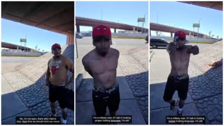 Arizona cyclist confronts angry homeless addict who is blocking the public path