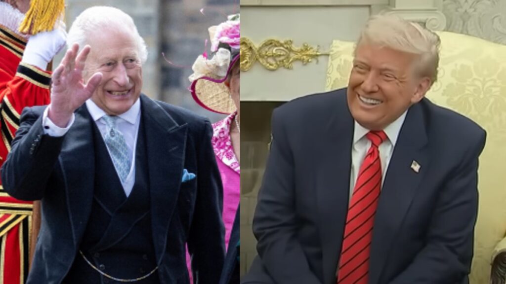 King Charles and Donald Trump photo merge.