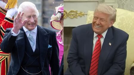 King Charles and Donald Trump photo merge.