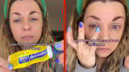 TikTok user nikkivalentine80 using hemorrhoid cream on her face as a beauty product