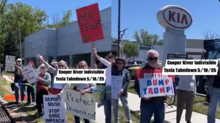 A picture of the New Jersey Tesla protest.
