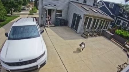 Michigan baby rolls down a driveway in a stroller