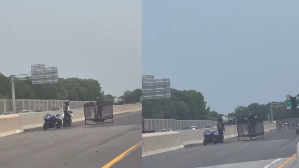 North Carolina Bikers Abandon Their Rides to Go Full Bounce Mode on Highway Trampoline: ‘It’s a Circus Out There’ A picture of the North Carolina bikers.