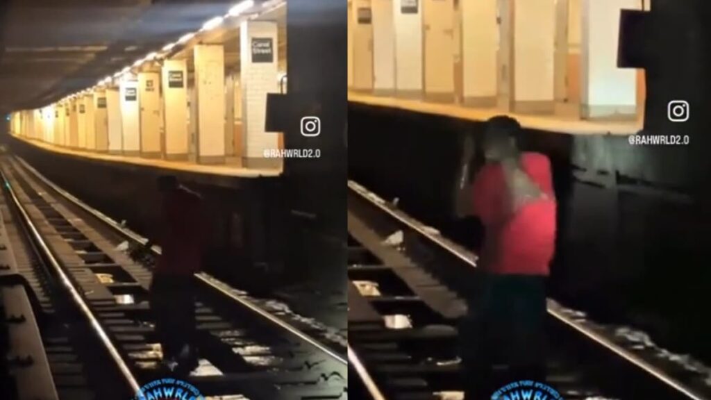 Zombie-Like Figure Caught Showering on New York City Train Tracks in Filthy Water: ‘Nah That’s Gotta Be a Zombie’ A picture of the zombie-like New York figure.