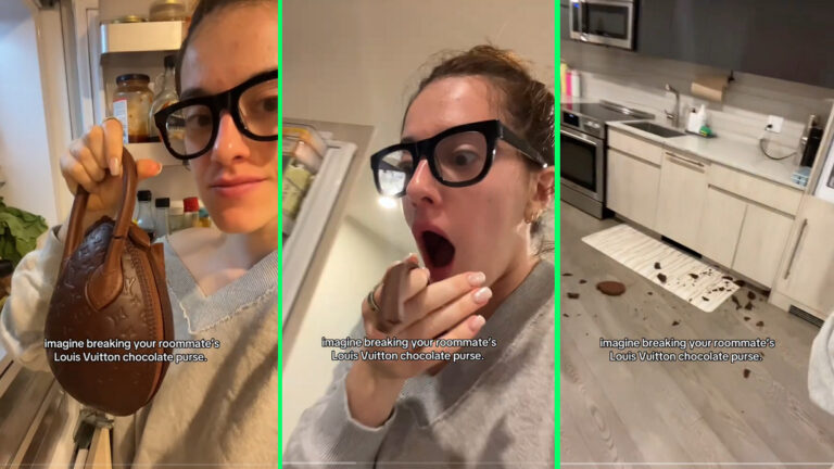 New York Woman Breaks Louis Vuitton Purse and Then Eats It, ‘It’s Giving Willy Wonka’ new york tiktoker tallertoddlers dropping chocolate louis vuitton purse
