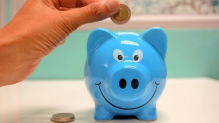 person putting money in piggy bank