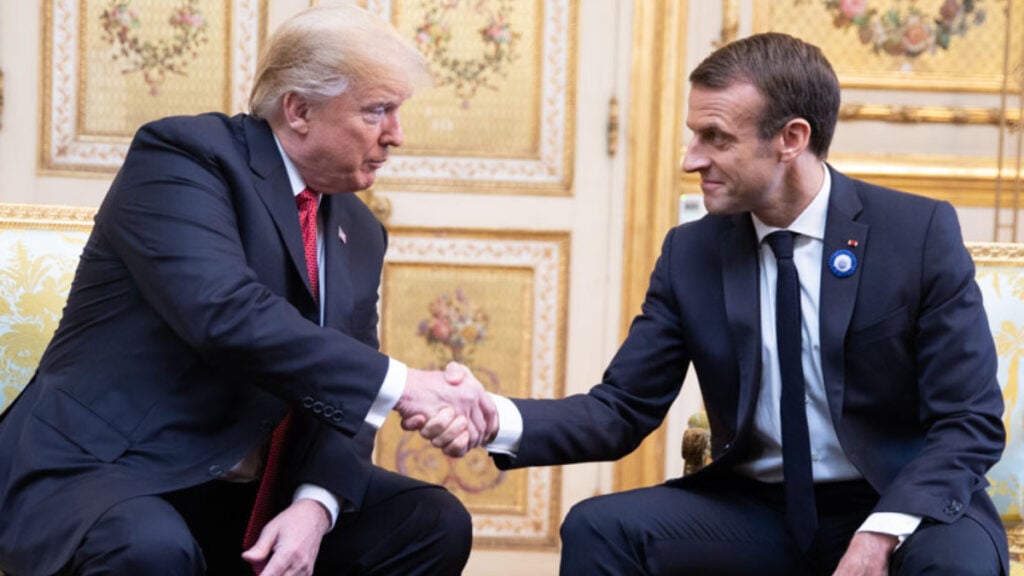 President Donald J. Trump and French President Emmanuel Macron at bilateral meeting Saturday, Nov. 10, 2018, at the Elysee Palace in Paris.