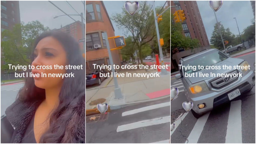 Intense Car vs Pedestrian Standoff Ensues After NYC Woman Merely Tries to Cross the Street, ‘I’m Walking Here’ NYC crosswalk standoff car vs pedestrian