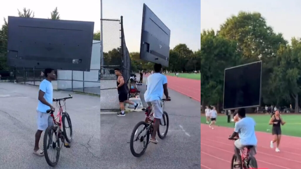 New York Man Finally Perfects His Solution for Transporting 75-inch TVs Without a Truck, Van, or Car: ‘This Works Until It Doesn’t’ 75-inch TV balancing on bike