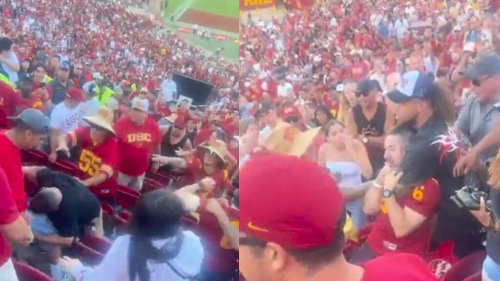 Chaotic Los Angeles USC Football Game Erupts in Wild Stadium Fight Ending in Brutal Headlock: ‘Why Are Men So Emotional’ A picture of the Los Angeles fight.