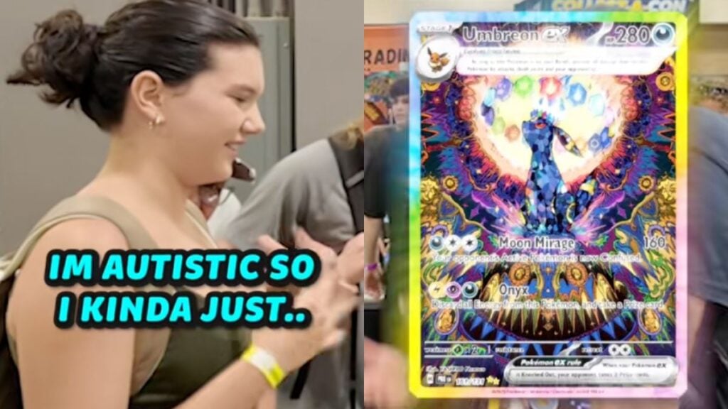 Generous Pokemon Vendor Gives Away $900 Card to Autistic Fan at North Carolina Convention, ‘We Love You For Who You Are’ Fan getting a prismatic umbreon pokemon card at collect-a-con