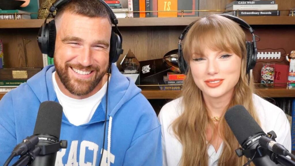 Taylor Swift and Travis Kelce on the New Heights podcast