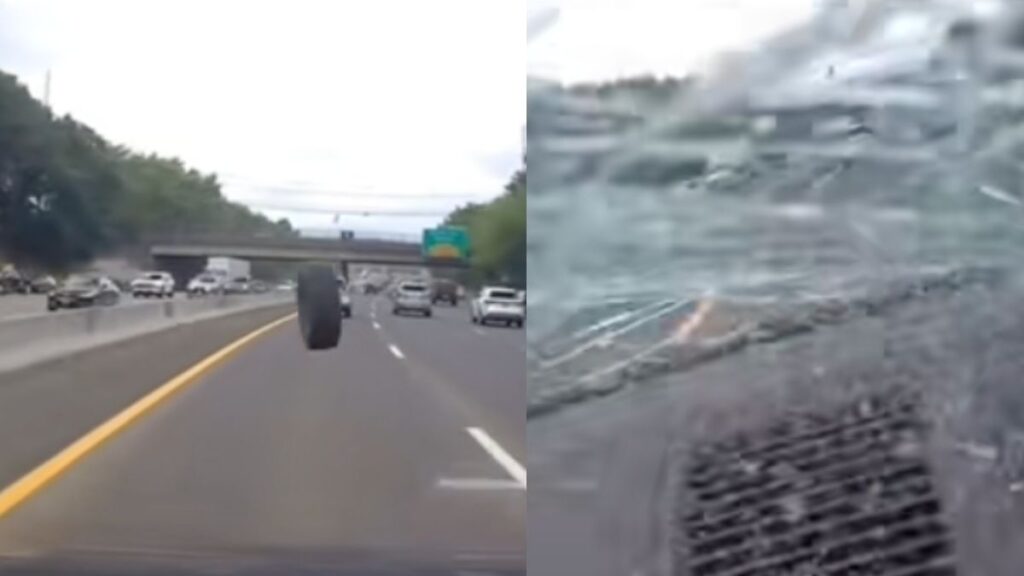 ‘What in the Holy Final Destination?’ Loose Tire Slams Into Car Windshield In NJ Tire smashes windsheild in NJ