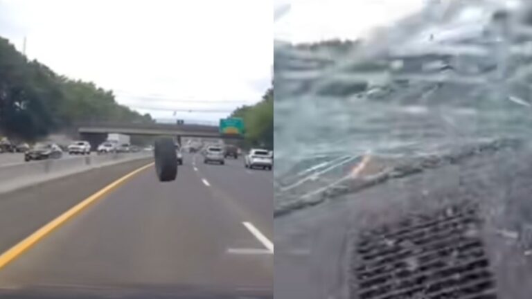 ‘What in the Holy Final Destination?’ Loose Tire Slams Into Car Windshield In NJ Tire smashes windsheild in NJ