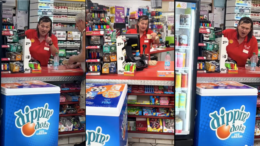 Alabama Gas Station Attendant Bans Woman Over Outfit: ‘Oh she jealous.’ Three images of a gas station attendant in Woodstock, Alabama ridiculing a customer over her outfit.