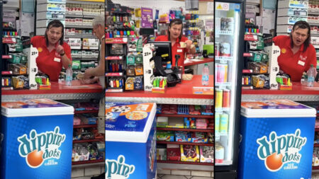 Three images of a gas station attendant in Woodstock, Alabama ridiculing a customer over her outfit.