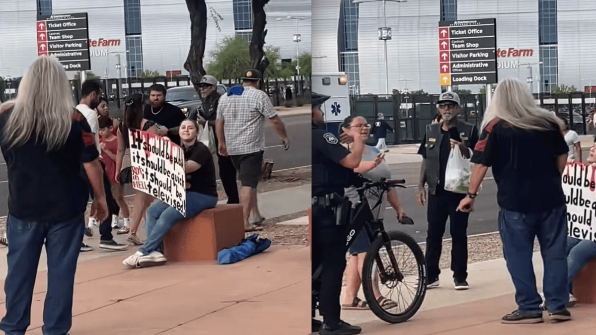 Arizona Man Berates Woman Holding Sign at Charlie Kirk Memorial: ‘She’s Just Quoting the Man They’re Worshipping’