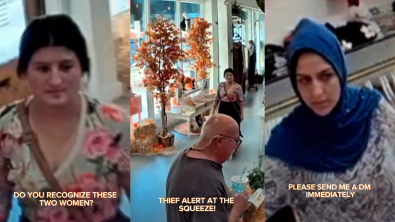 California Business Owner Posts Video Surveillance From Recent Store Theft: ‘You Are Not Going To Steal From Us!’ Three photos from the video surveillance cameras at The Squeeze in Orange, California. The images show two women caught in the act of theft.