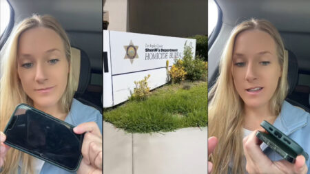 A three-photo collage depicting a grieving woman who lost her husband to drug addiction. The left and right images show her sitting in a car, holding up his mobile phone. The middle image shows the Los Angeles County Sheriff Department's Homicide Bureau headquarters in California.