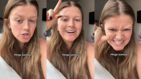 A three-picture collage featuring a smiling woman from Chicago, Illinois. Text on the images indicates that she's discussing using the Hinge app on Sundays.